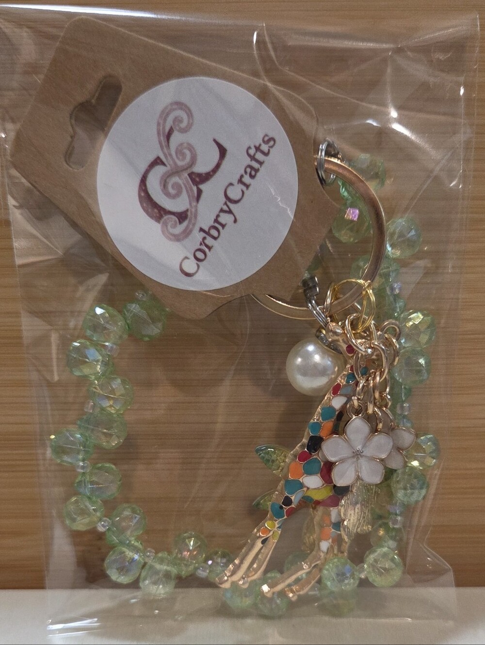Whimsical Enameled Giraffe Dragonfly Bag Charm Keychain Green Beaded Wristlet - Picture 16 of 16